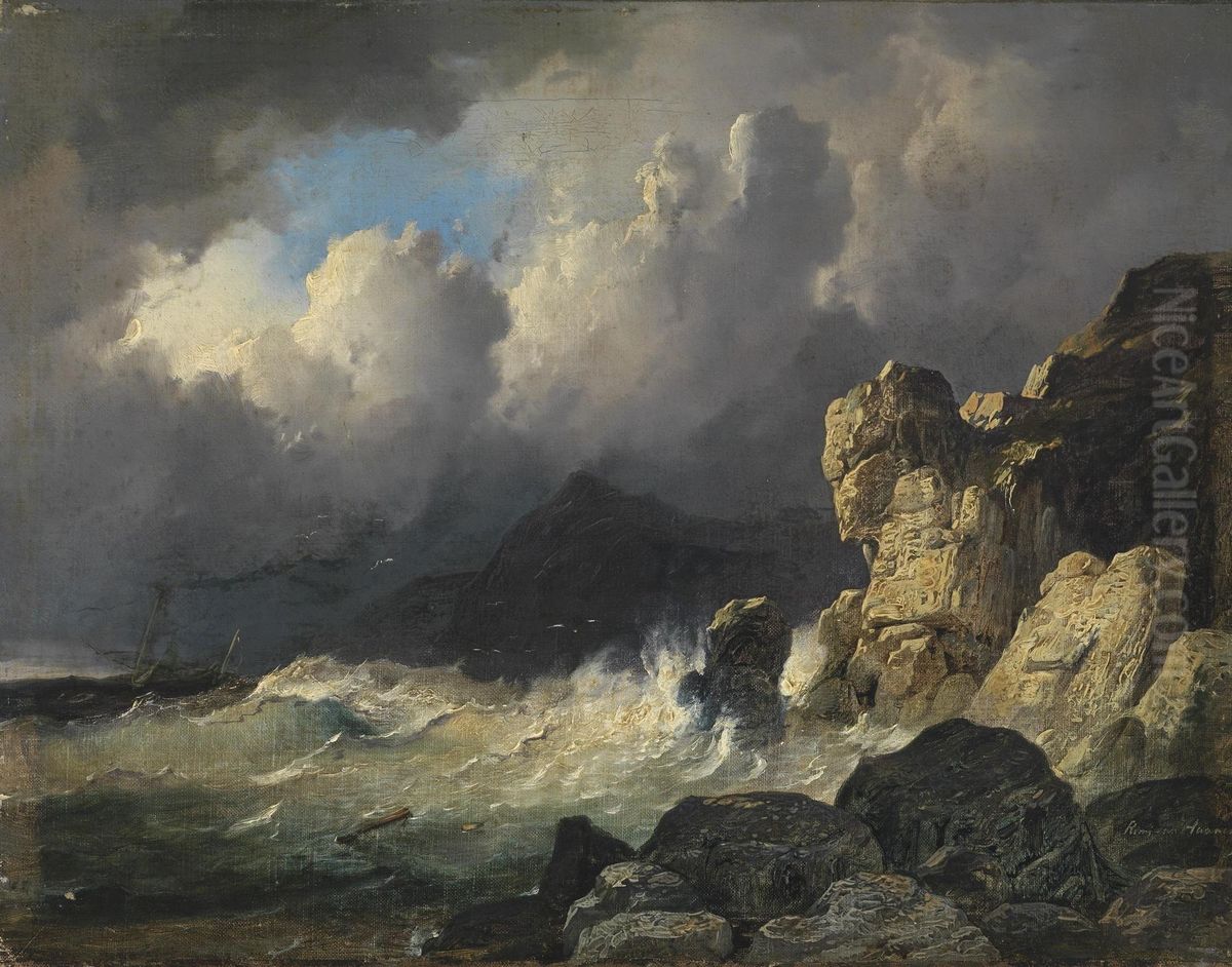Stormy coastline Oil Painting by Remigius Adrianus Haanen