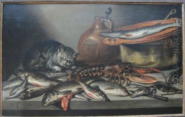 Sti ll life with a cat and fish Oil Painting by Pieter Claesz