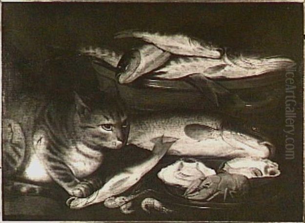 Fish still life with cat Oil Painting by Clara Peeters