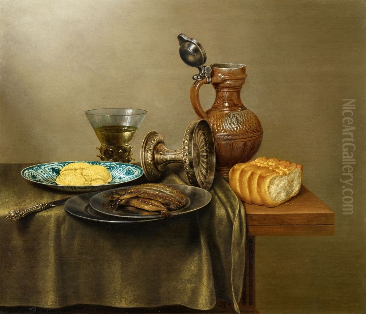 Stilleven van gerookte haring en brood op tinnen en porseleinen vaatwerk met gevulde berkemeier, omgevallen tazza en stenen kan op een tafelkleed op een houten tafel Oil Painting by Gerret Willemsz Heda