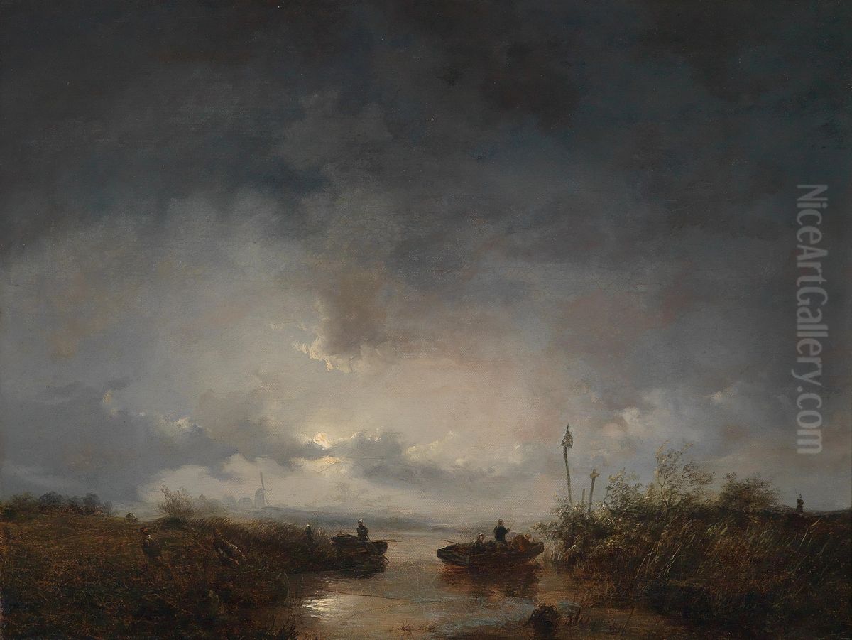 Fishermen in a moonlit night Oil Painting by Remigius Adrianus Haanen