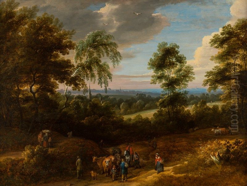 View taken in Brabant with figures and animals Oil Painting by Jacques d'Arthois