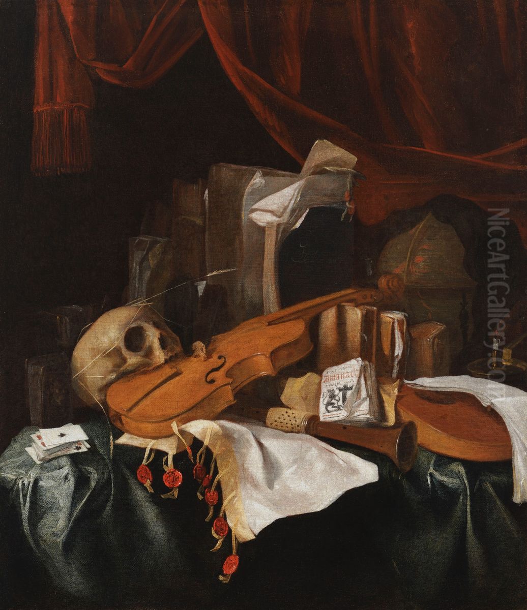 Vanitas still life with a skull, a violin, a cittern, playing cards, books, a globe and other objects on a draped table Oil Painting by Jacques de Claeuw