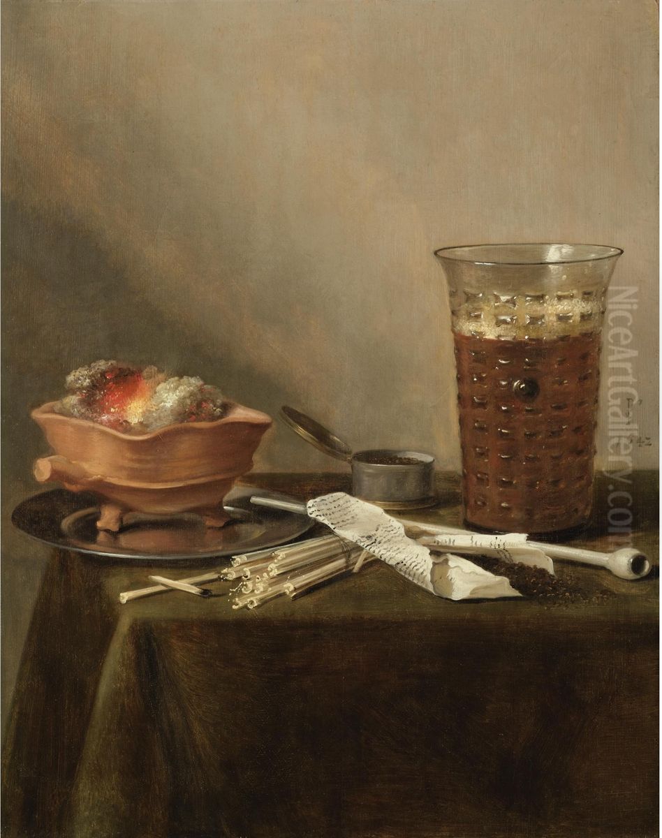 Still life with a brazier, a glass of beer and a clay pipe Oil Painting by Pieter Claesz