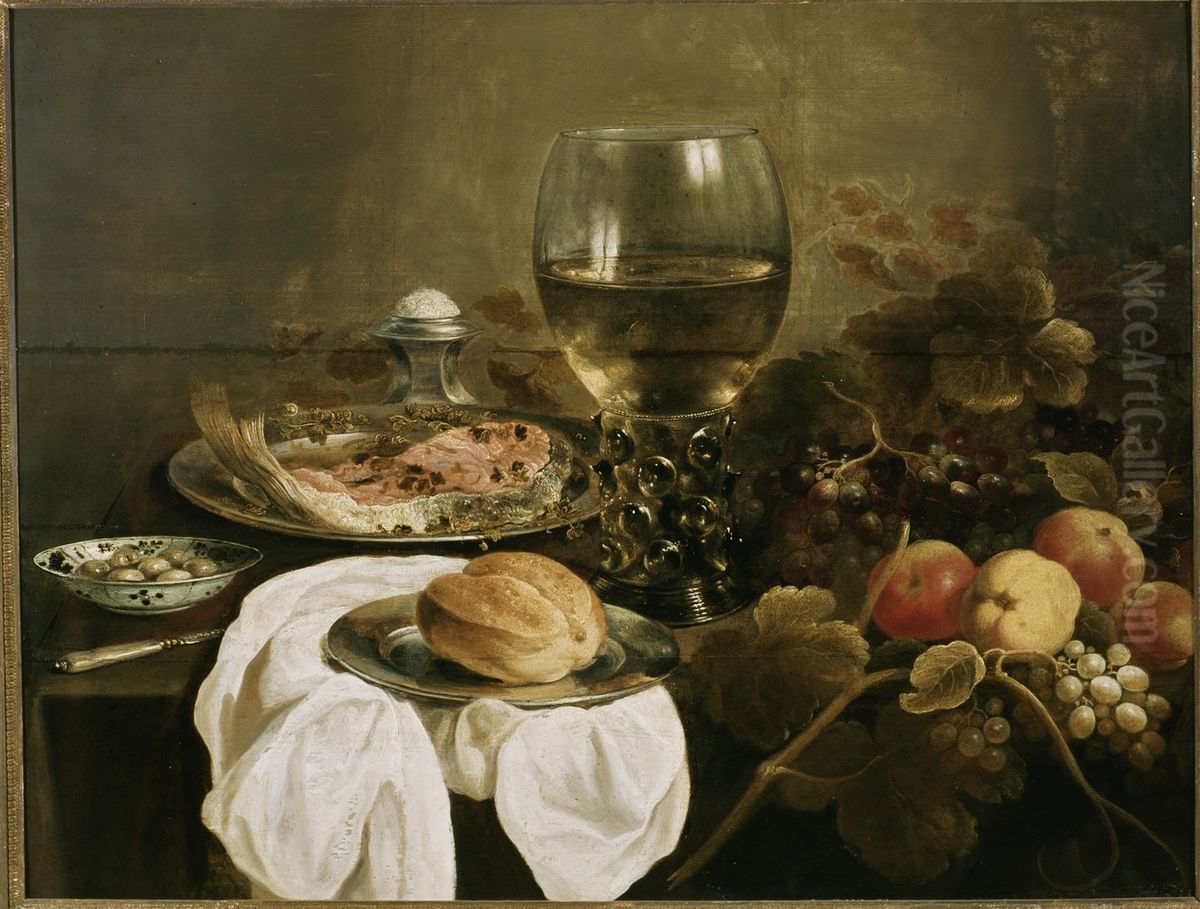 Still life with roemer, bread, fruit and salmon Oil Painting by Pieter Claesz