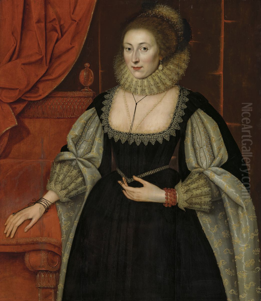 Portrait of a lady, three-quarter-length, in a black dress with slashed sleeves Oil Painting by Marcus Gheeraerts the Younger