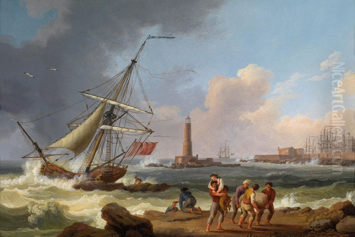 Der Hafen von Livorno mit der Rettung Schiffbruchiger im Vordergrund und einem Schlachtschiff der kaiserlich russischen Flotte unter Admiral Graf Orlow im Hintergrund. Oil Painting by Jacob Philipp Hackert