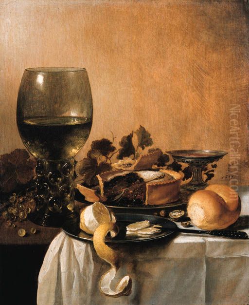 Een roemer, tinnen borden met een deels geschilde citroen en gebak, een broodje en een tazza op een met een wit kleed bedekte tafel Oil Painting by Pieter Claesz