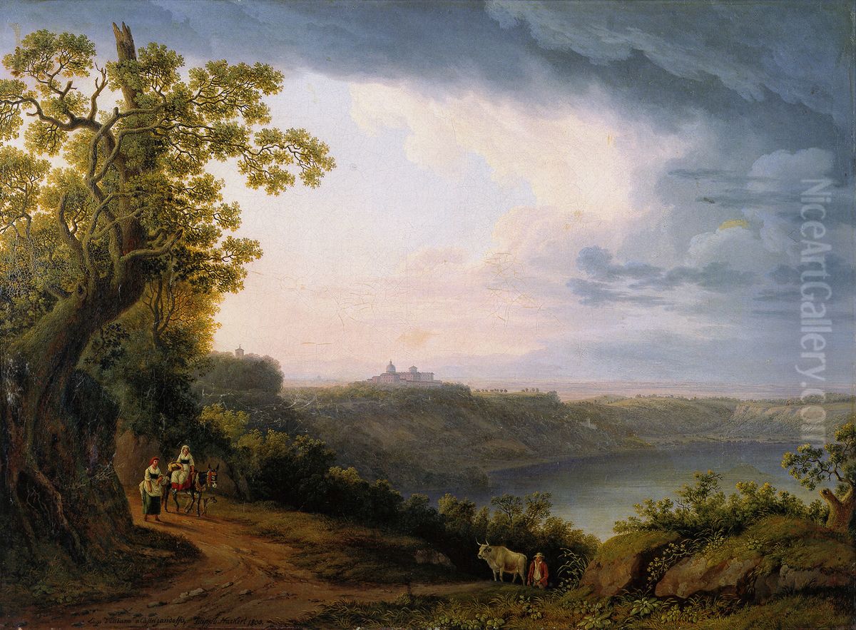 View of Lake Albano with Castel Gandolfo Oil Painting by Jacob Philipp Hackert