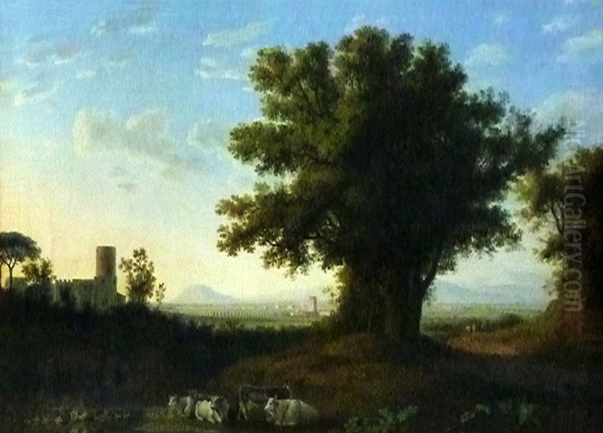 Heimkehrende Langhornrinder in der Romischen Campagna. Abendstimmung Oil Painting by Jacob Philipp Hackert