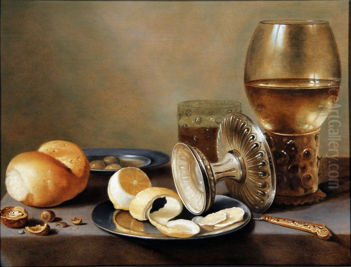 Monochrome Banketje with two pewter dishes, an overturned silver tazza, a gilt knife, a glass with beer, a rummer with wine, a roll of bread, nuts, olivers and a half peeled lemon Oil Painting by Hans van Sant