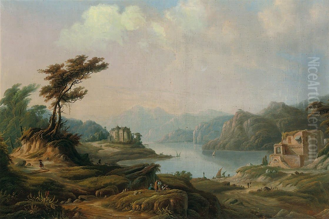 Travellers by a ruined villa beside a lake Oil Painting by Jacob Philipp Hackert
