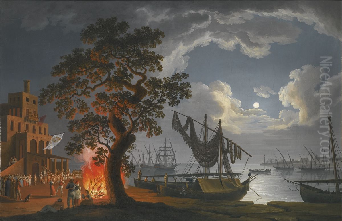 Ein Zollhaus in Neapel bei Mondschein mit Tanzern und Musikern bei einem Lagerfeuer Oil Painting by Jacob Philipp Hackert