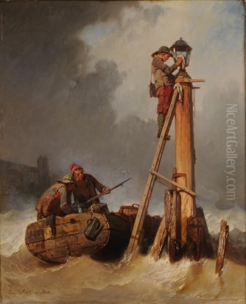 Sailors lighting fires at the entrance to a port Oil Painting by Eugene Le Poittevin