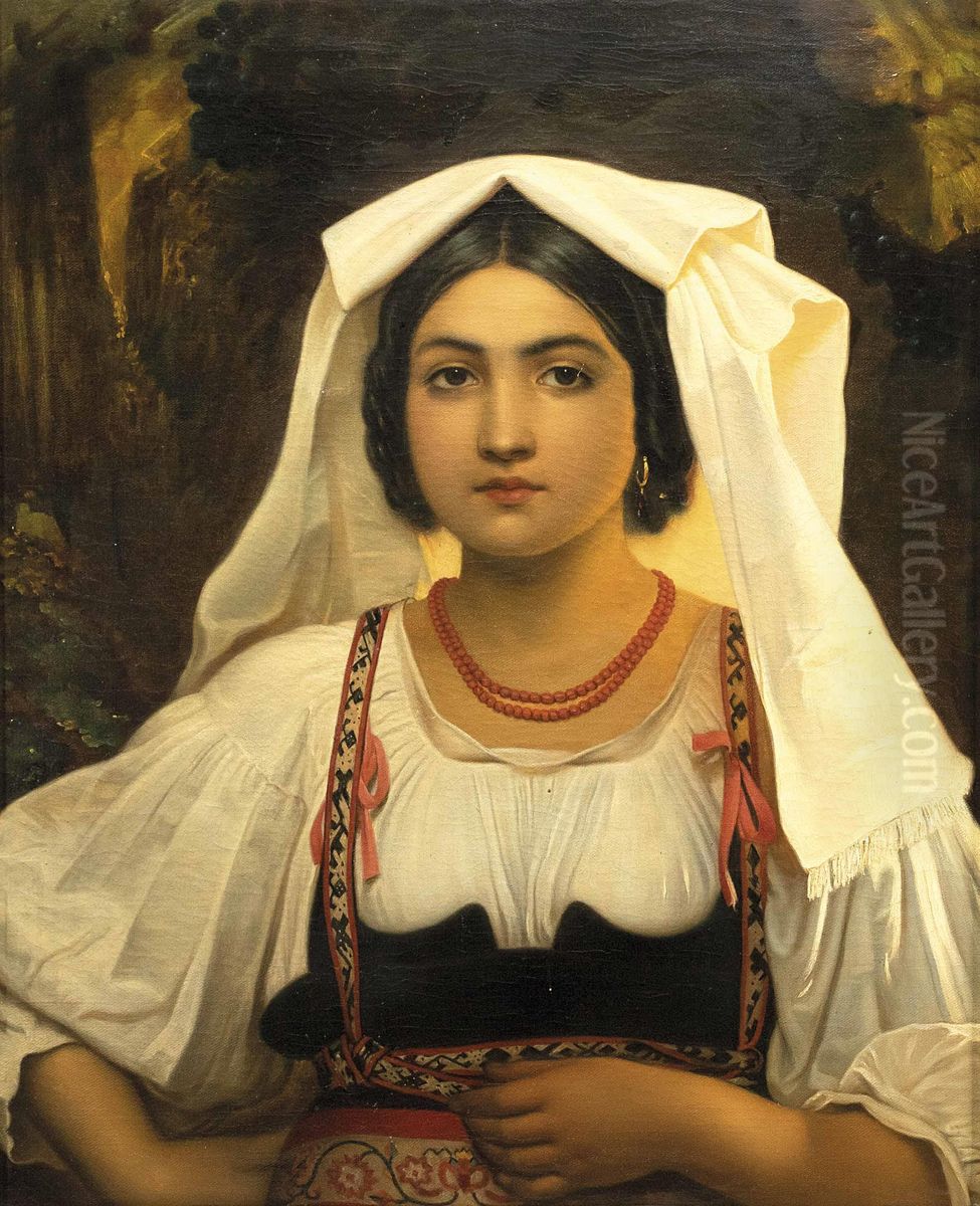 Half-portrait of a young Italian woman in traditional costume in front of grape arbor Oil Painting by Ferdinand Minor