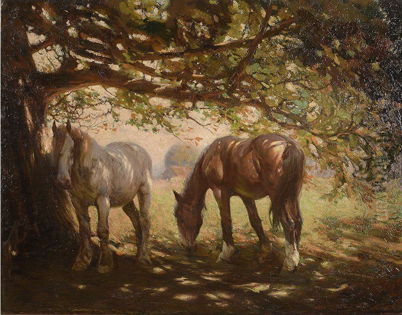 Two Horses in the Shade Oil Painting by Frederick Hall