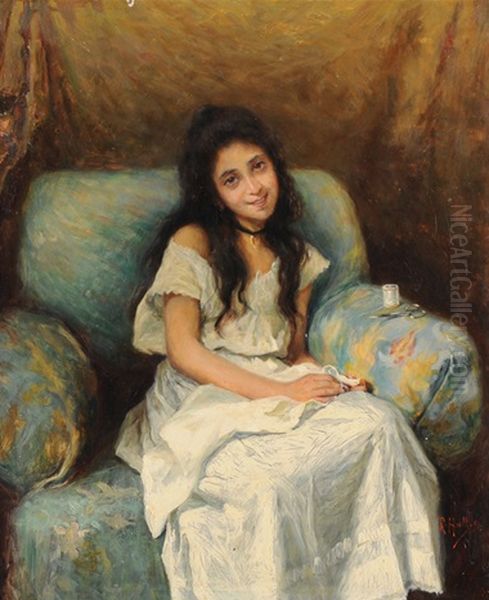 Young girl sewing Oil Painting by Richard Hall