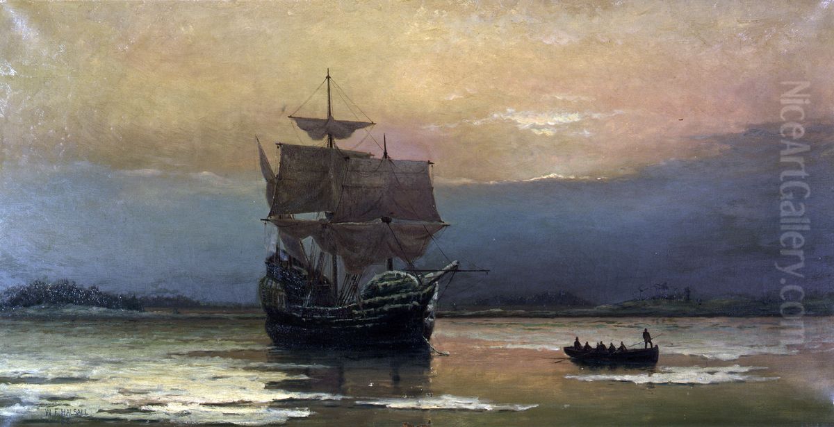 The Mayflower on Her Arrival in Plymouth Harbor Oil Painting by William Halsall