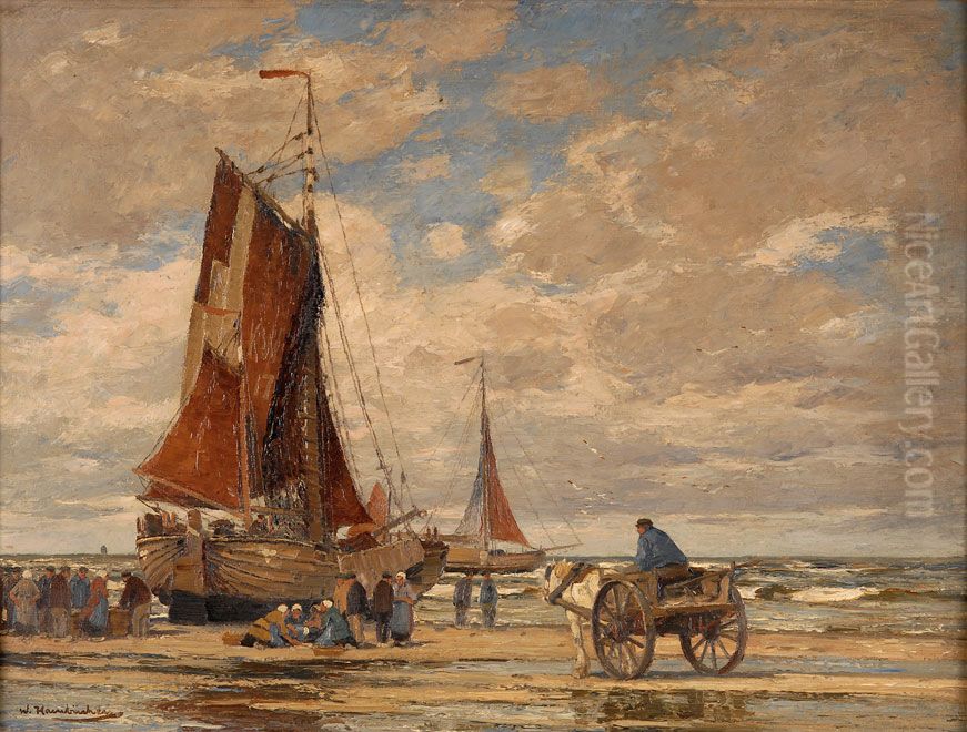 Fischervolk von Katwijk beim Entladen des Fangs Oil Painting by Wilhelm Hambuchen