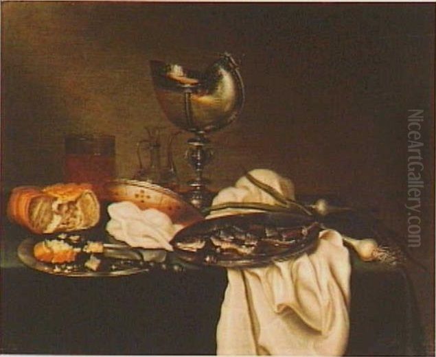Still life with nautilus cup, herring, onion, and bread Oil Painting by Maerten Boelema De Stomme