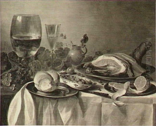 Stilleven met gebraad, glaswerk en mosterdpot Oil Painting by Pieter Claesz