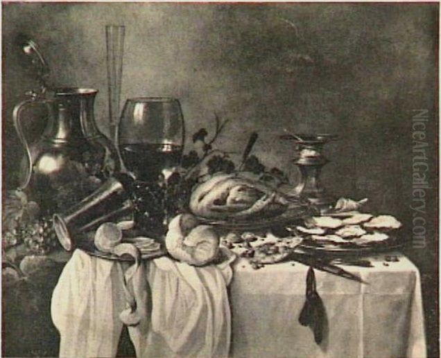 Still life with roemer, roast chicken, oysters and salt cellar Oil Painting by Pieter Claesz