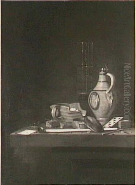 Still life with white jug with playing cards, smoker's requisites and passglass Oil Painting by Evert Collier