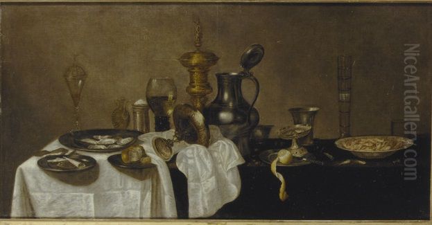 Still life with precious cups and glasses, shrimps and oyster on a partially draped table Oil Painting by Cornelis Mahu