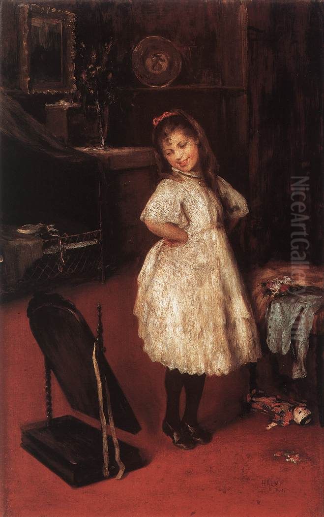 Young Girl at the Mirror Oil Painting by Artur Lajos Halmi