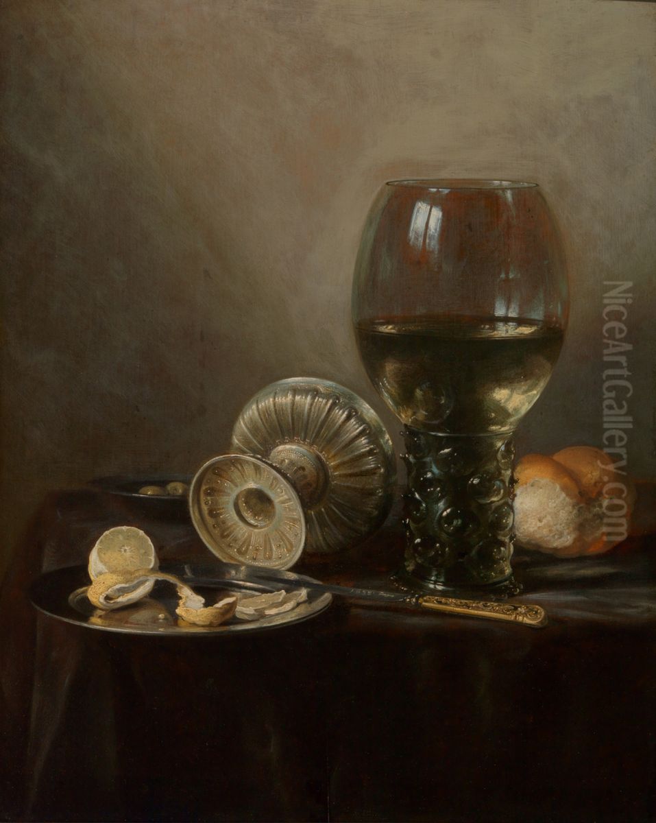 Stilleven met omgevallen tazza, een roemer en geschilde citroen Oil Painting by Pieter Claesz