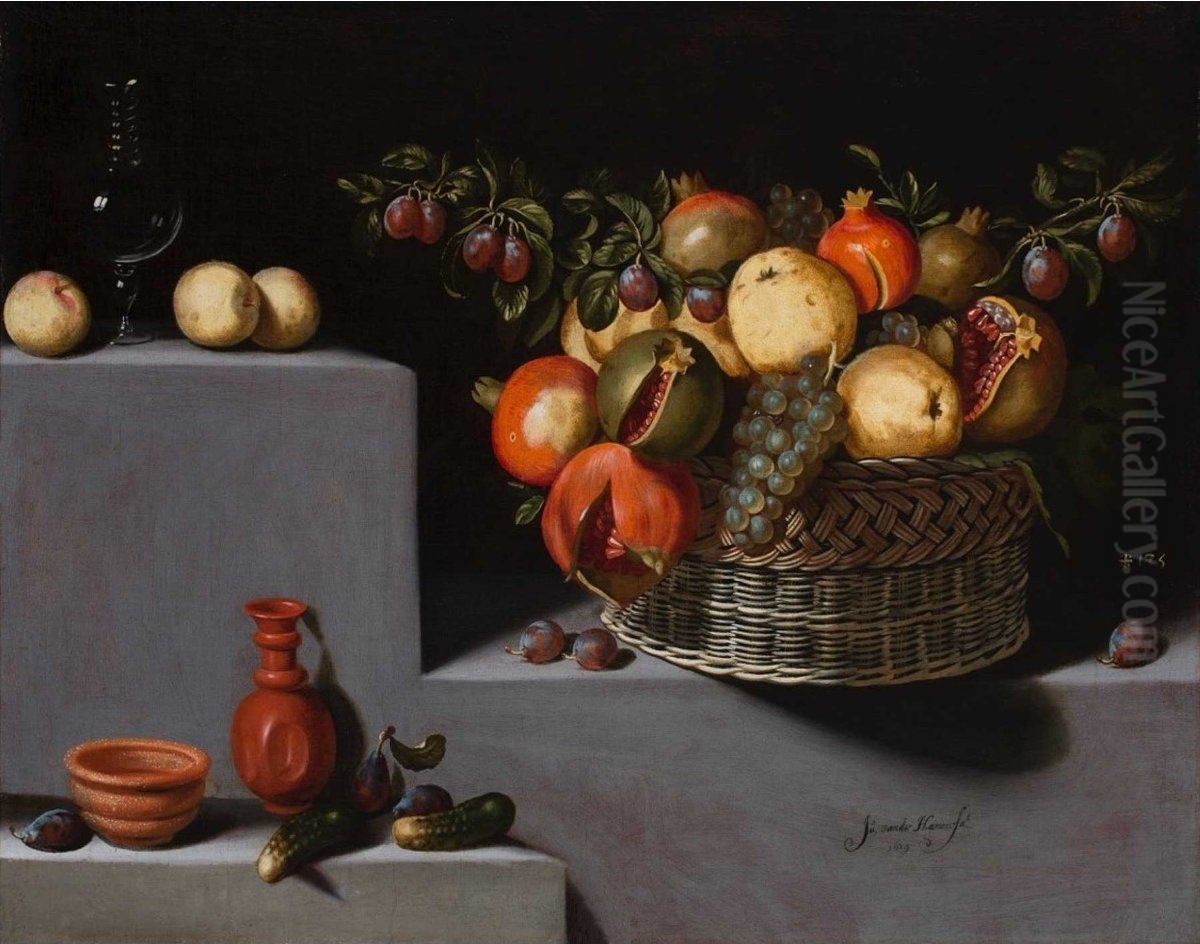 Still life with Basket and Terracotta Jars Oil Painting by Juan Van Der Hamen