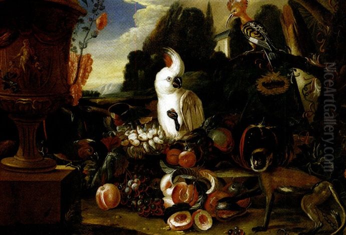 Cockatoo, parrot and other birds and a gibbon on a chain with grapes, peaches and plums Oil Painting by Franz de Hamilton