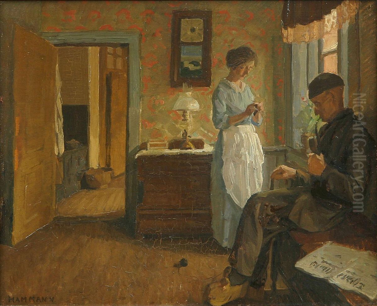 Interior of a farmhouse. Oil Painting by Marius Hammann