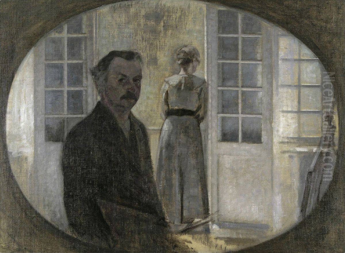 Double portrait of the artist and his wife seen through a mirror Oil Painting by Vilhelm Hammershoi