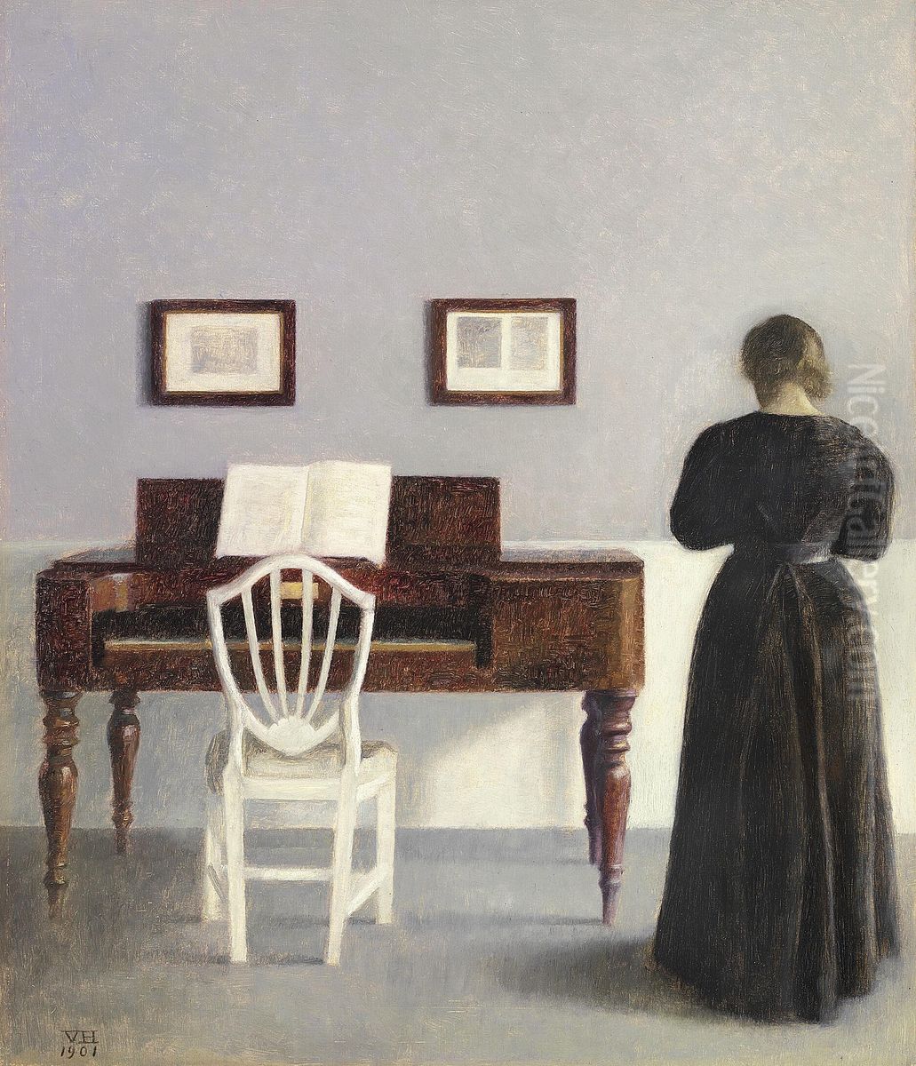 Interior with the artist's wife seen from behind. Oil Painting by Vilhelm Hammershoi