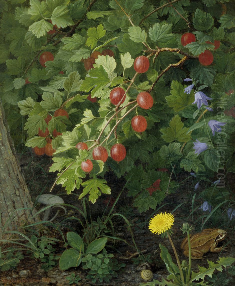 Forest still life with gooseberries, dandelions, bluebells, snail and frog Oil Painting by William Hammer