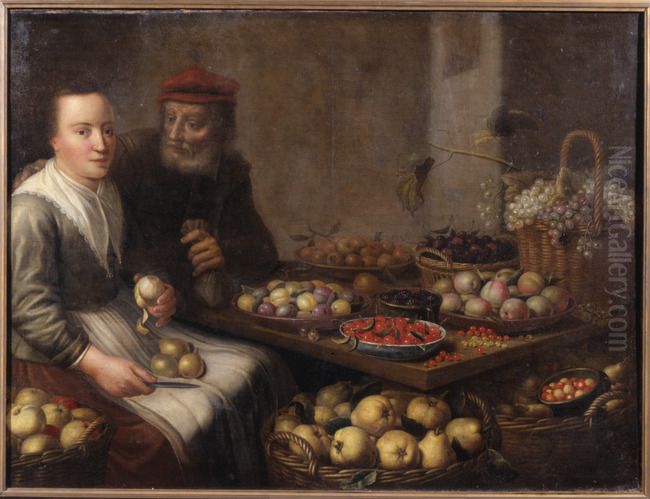 Young woman peeling a pear at a table with various fruits, an old man with a money bag adressing her Oil Painting by Floris van Schooten