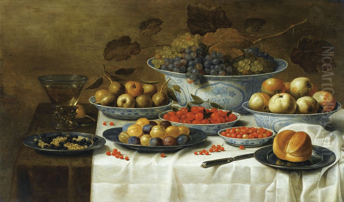Still life with fruits in Delft porcelain Oil Painting by Floris van Schooten