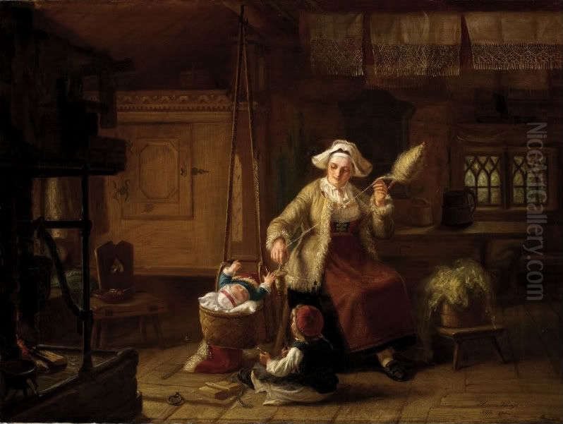 Interior with mother and child Oil Painting by Hanna Winge