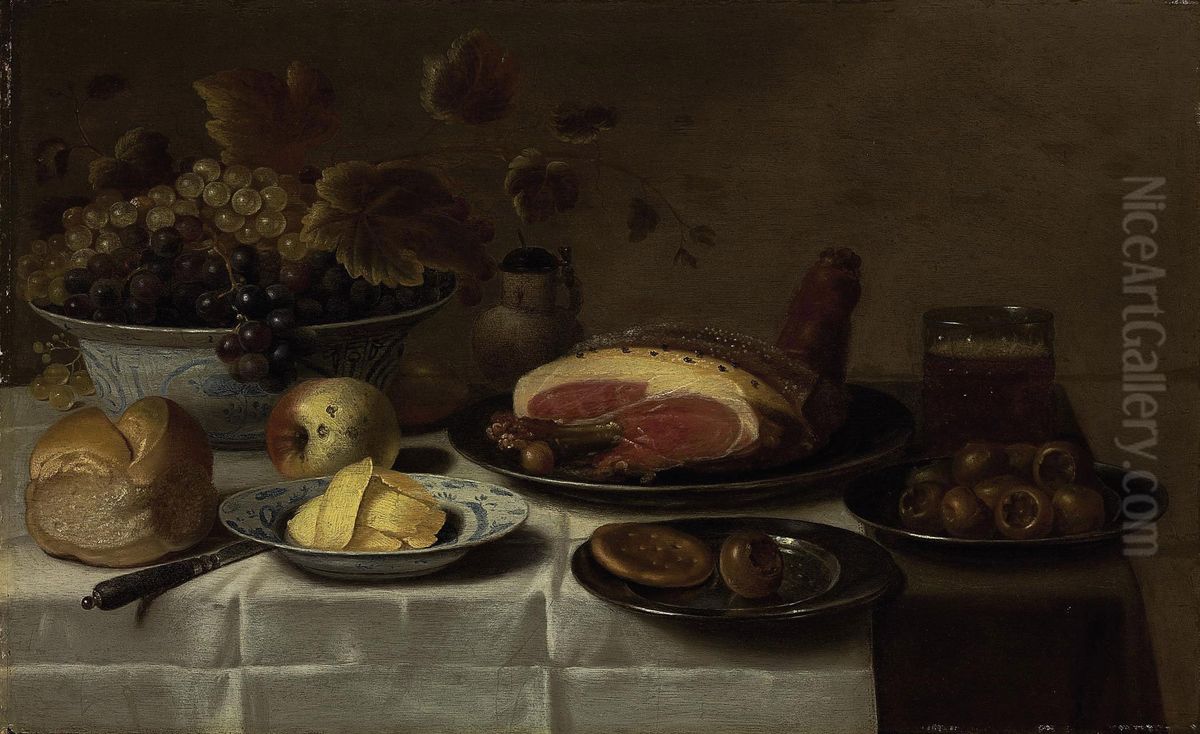 Still life with grapes, an apple, ham, medlars, bread and butter on a draped table Oil Painting by Floris van Schooten