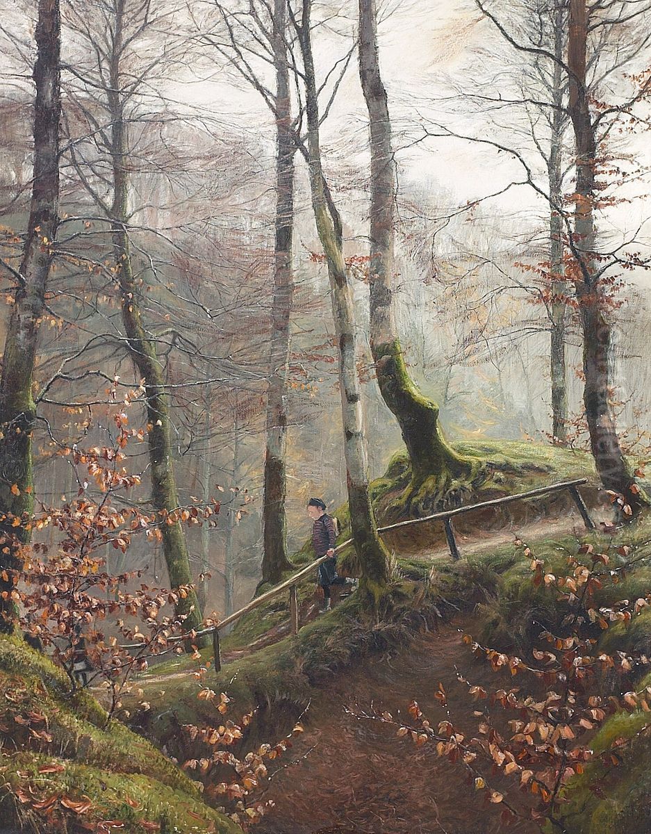 A boy walking through a Danish wood. Oil Painting by Hans Agersnap