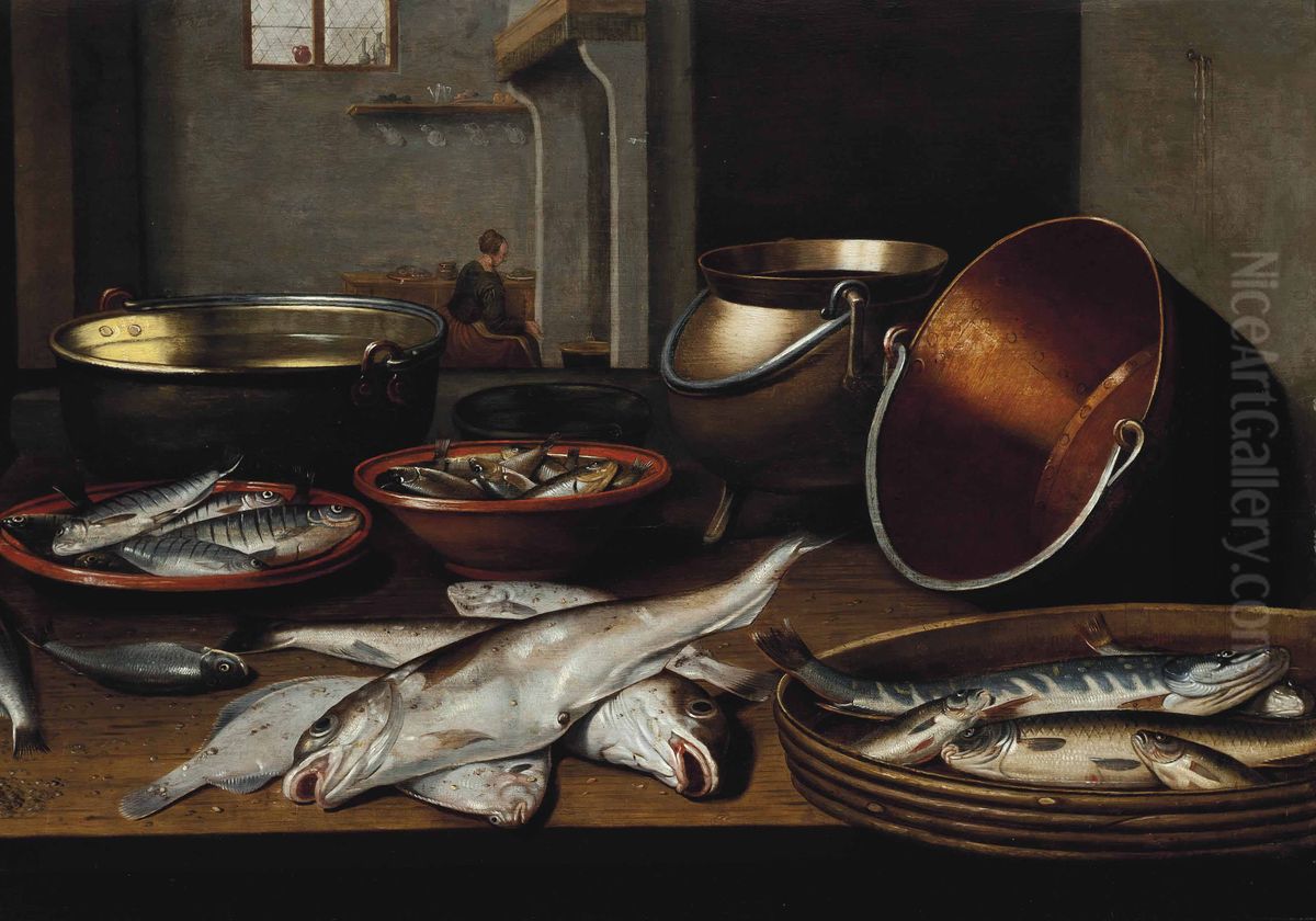 A kitchen interior with fish and utensils on a table Oil Painting by Floris van Schooten