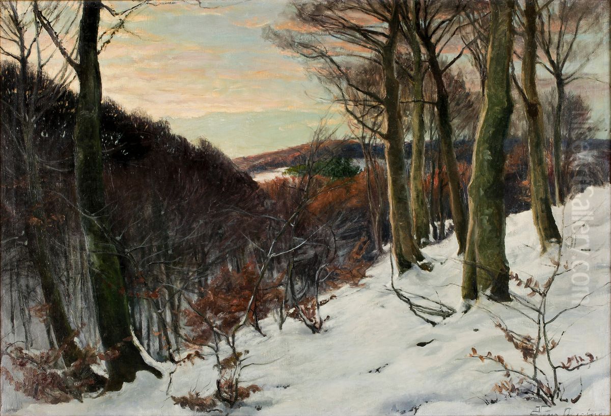 Winter landscape with snow. Oil Painting by Hans Agersnap