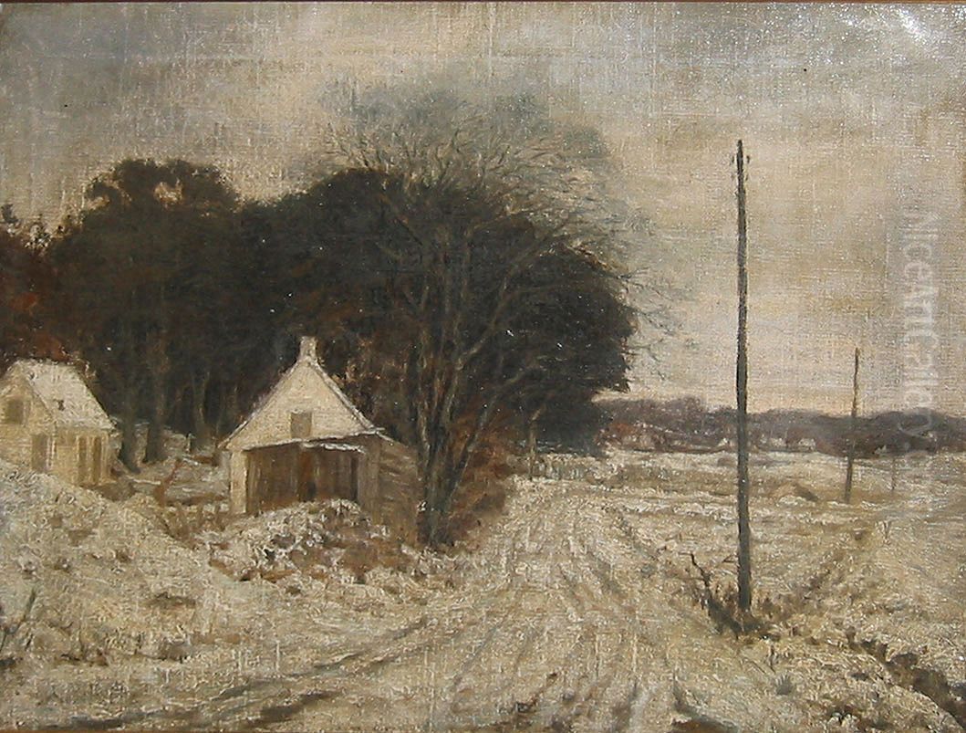 Winter landscape with a road passing houses and trees. Oil Painting by Hans Agersnap