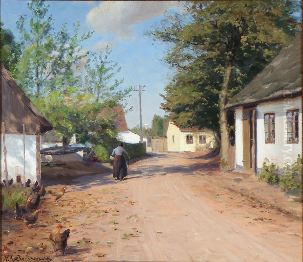 An elderly woman in a village street Oil Painting by H. A. Brendekilde