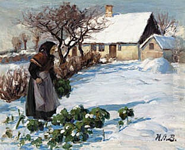 A farmer's wife getting cabbage from the garden in winter. Oil Painting by H. A. Brendekilde