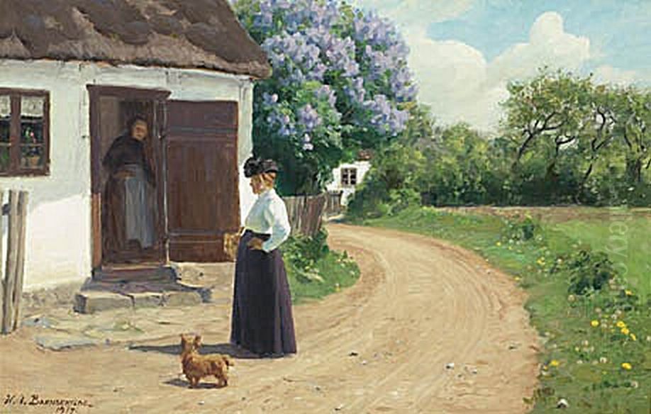 Two women talking on a village road. Oil Painting by H. A. Brendekilde