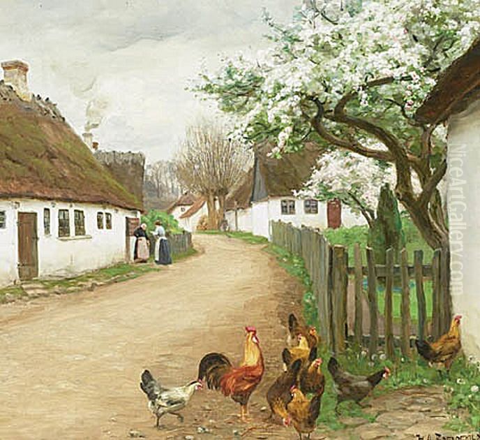 Village street with hens and two women talking. Oil Painting by H. A. Brendekilde