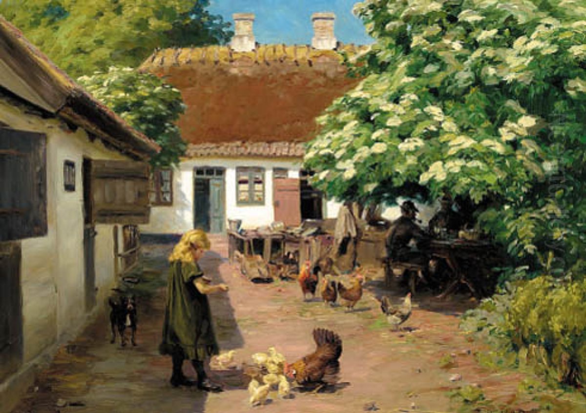 Little girl feeding the chicken in the farmyard, two farmers enjoying their lunch under an eldertree in bloom. Oil Painting by H. A. Brendekilde