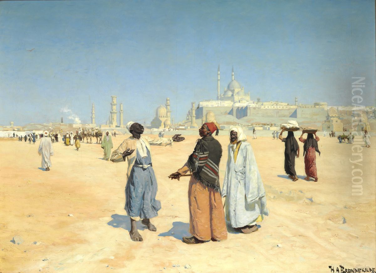 View from the desert of Cairo with the Citadel and Mamluk Tombs in the background Oil Painting by H. A. Brendekilde